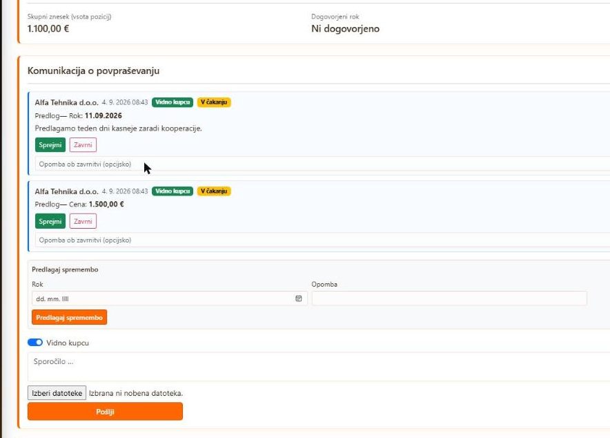 Komunikacija na povpraševanju — predlog roka in cene