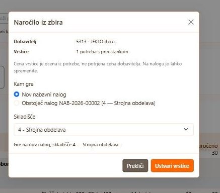 Okno »Naročilo iz zbira«